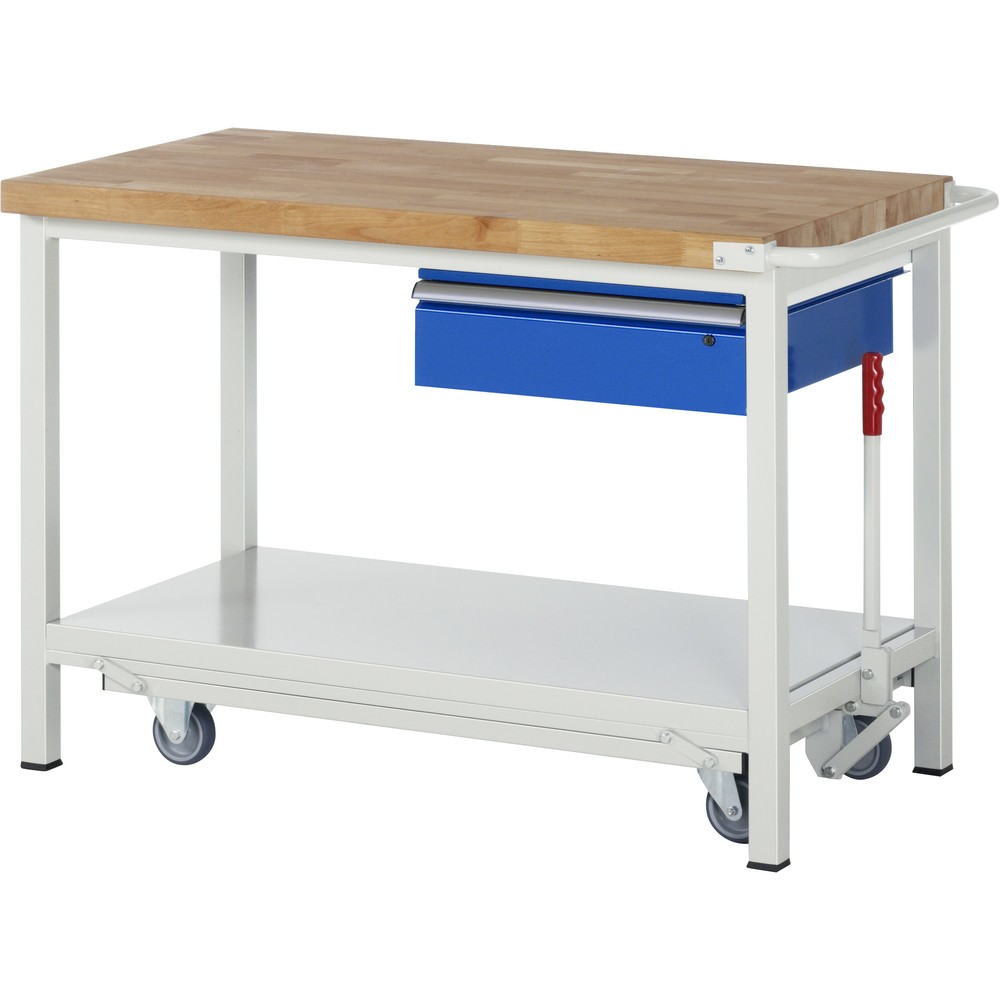 Produktabbildung: RAU Werkbank Serie 8000 mit absenkbarem Fahrgestell, HxBxT 880 x 1.250 x 700 mm, Ablageboden, 1 Schublade, ErgoScript®