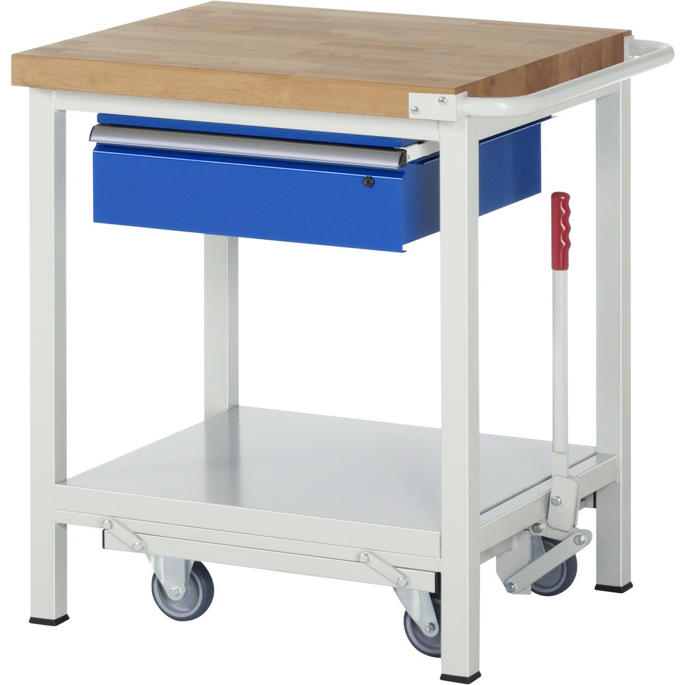 Produktabbildung Nr. 1: RAU Werkbank Serie 8000 mit absenkbarem Fahrgestell, HxBxT 880 x 750 x 700 mm, Ablageboden, 1 Schublade, ErgoScript®