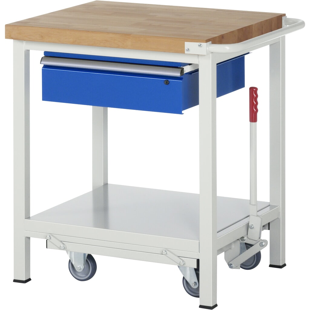 RAU Werkbank Serie 8000 mit absenkbarem Fahrgestell, HxBxT 880 x 750 x 700 mm, Ablageboden, 1 Schublade, ErgoScript® Produktabbildung Nr. 1: RAU Werkbank Serie 8000 mit absenkbarem Fahrgestell, HxBxT 880 x 750 x 700 mm, Ablageboden, 1 Schublade, ErgoScript®