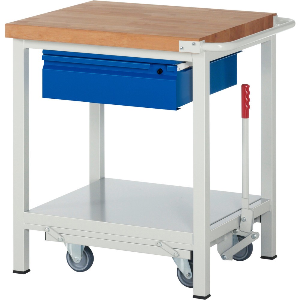 Produktabbildung: RAU Werkbank Serie 8000 mit absenkbarem Fahrgestell, HxBxT 880 x 750 x 700 mm, Ablageboden, 1 Schublade, integrierte Griffleiste