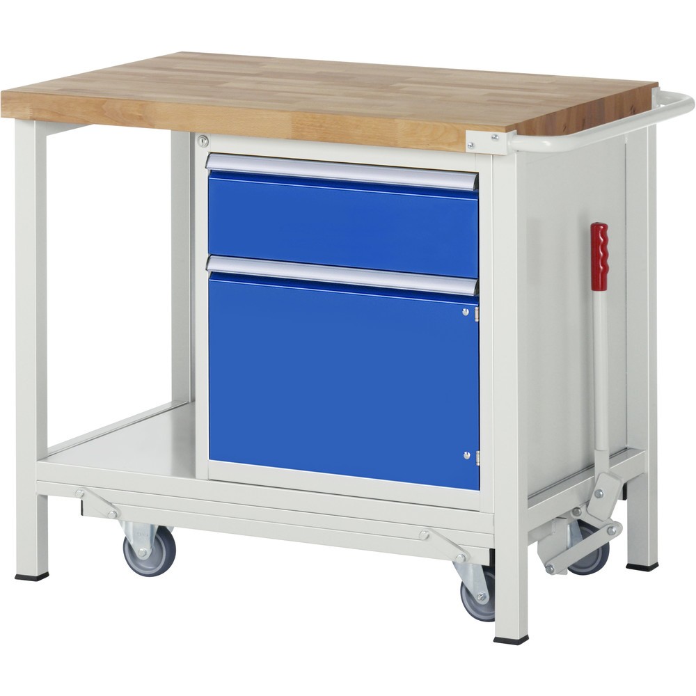 Produktabbildung Nr. 1: RAU Werkbank Serie 8000 mit absenkbarem Fahrgestell, 1 Container, 1 Ablageboden, HxBxT 880 x 1.000 x 700 mm, 1 x 90%-Auszug-Schubladen, 1 Flügeltür, ErgoScript
