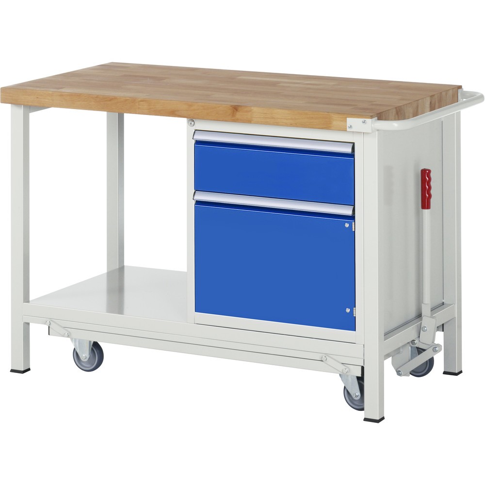 Produktabbildung: RAU Werkbank Serie 8000 mit absenkbarem Fahrgestell, 1 Container, 1 Ablageboden, HxBxT 880 x 1.500 x 700 mm, 1 x 90%-Auszug-Schubladen, 1 Flügeltür, ErgoScript