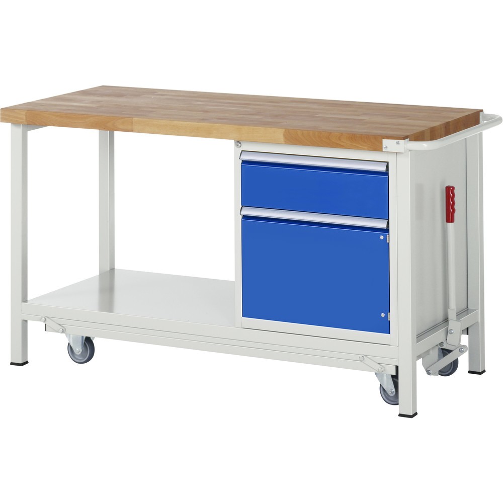 Produktabbildung: RAU Werkbank Serie 8000 mit absenkbarem Fahrgestell, 1 Container, 1 Ablageboden, HxBxT 880 x 1.250 x 700 mm, 1 x 90%-Auszug-Schubladen, 1 Flügeltür, ErgoScript