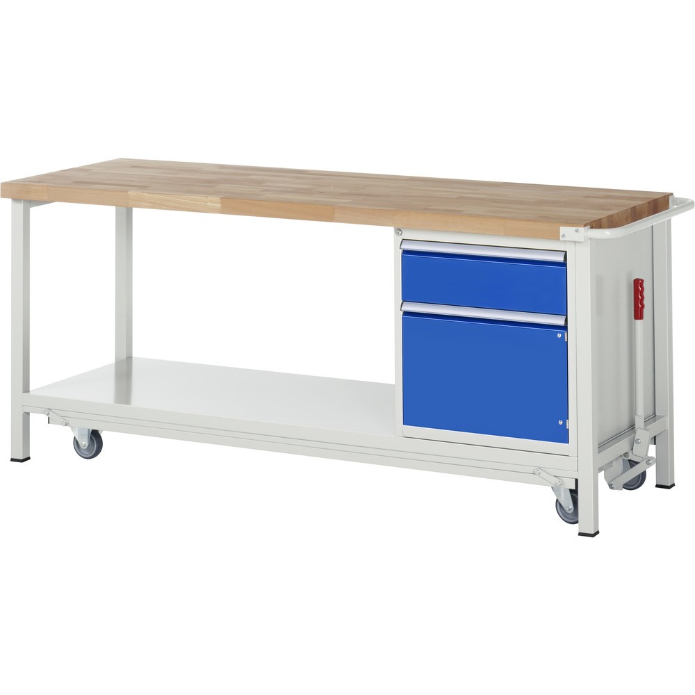 Produktabbildung Nr. 1: RAU Werkbank Serie 8000 mit absenkbarem Fahrgestell, 1 Container, 1 Ablageboden, HxBxT 880 x 2.000 x 700 mm, 1 x 90%-Auszug-Schubladen, 1 Flügeltür, ErgoScript