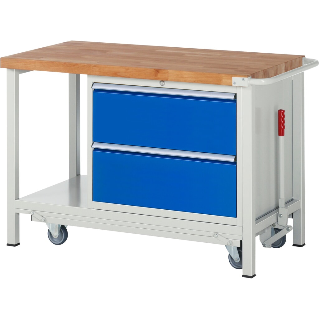 Produktabbildung: RAU Werkbank Serie 8000 mit absenkbarem Fahrgestell, 1 Container, 1 Ablageboden, HxBxT 880 x 1.250 x 700 mm, 2 x 90%-Auszug-Schubladen