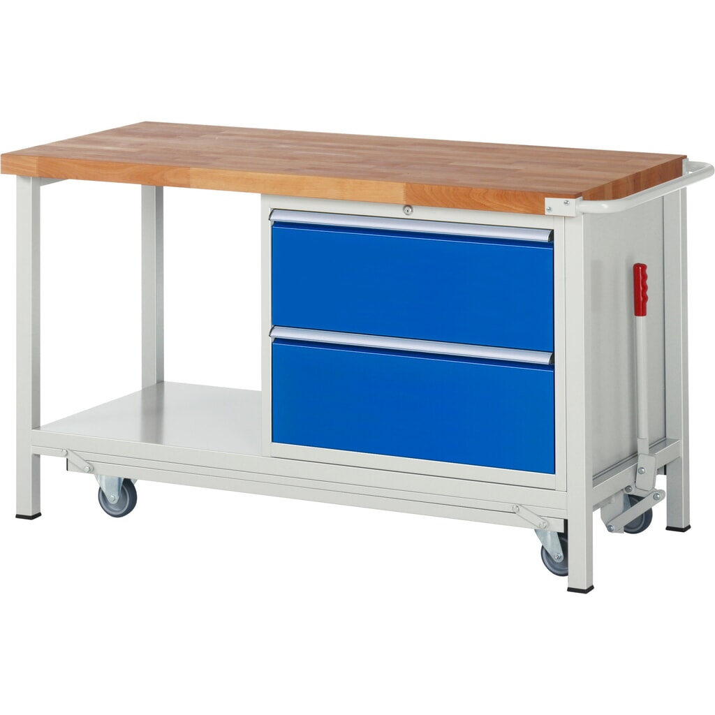 Produktabbildung: RAU Werkbank Serie 8000 mit absenkbarem Fahrgestell, 1 Container, 1 Ablageboden, HxBxT 880 x 1.500 x 700 mm, 2 x 90%-Auszug-Schubladen