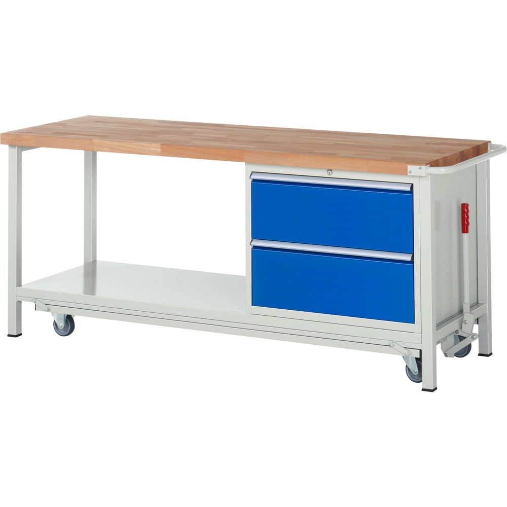 Produktabbildung Nr. 1: RAU Werkbank Serie 8000 mit absenkbarem Fahrgestell, 1 Container, 1 Ablageboden, HxBxT 880 x 2.000 x 700 mm, 2 x 100%-Auszug-Schubladen
