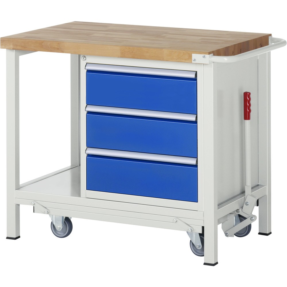 Produktabbildung: RAU Werkbank Serie 8000 mit absenkbarem Fahrgestell, 1 Container, 1 Ablageboden, HxBxT 880 x 1.000 x 700 mm, 3 x 90%-Auszug-Schubladen, Breite 490 mm, ErgoScript