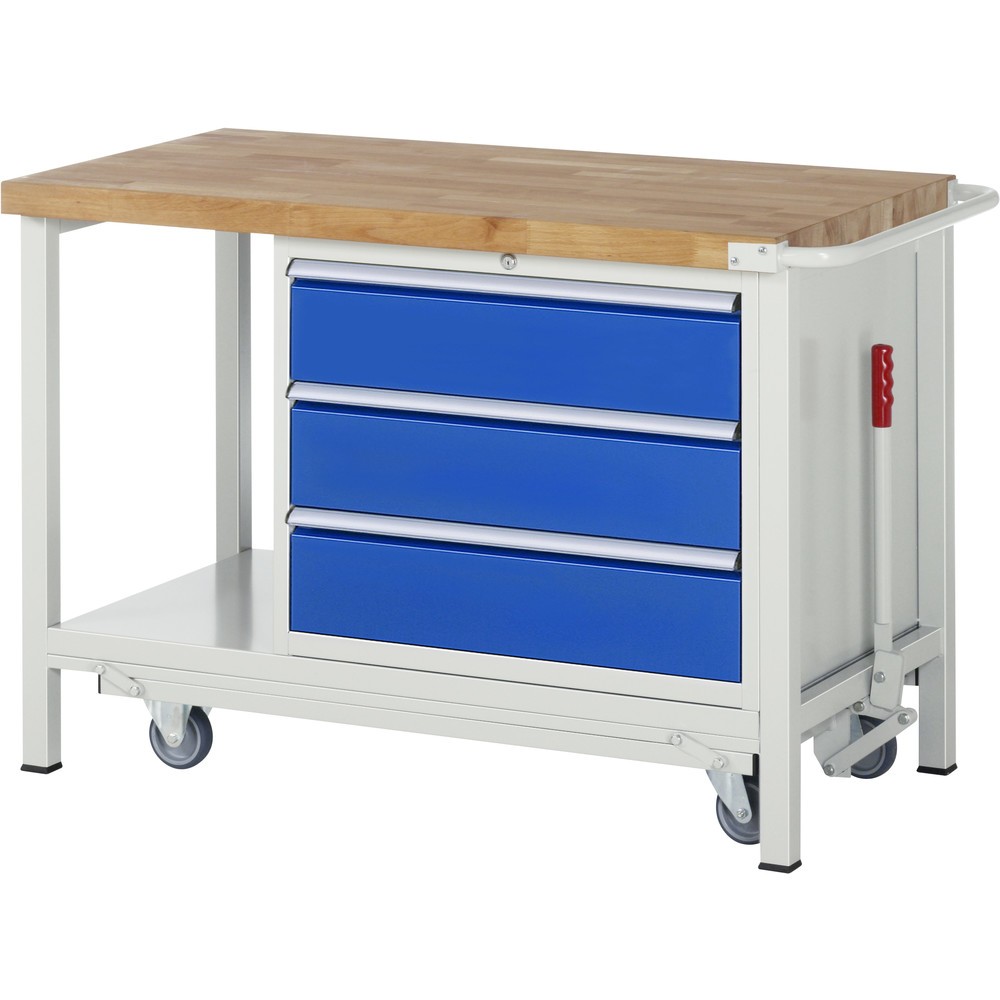 Produktabbildung: RAU Werkbank Serie 8000 mit absenkbarem Fahrgestell, 1 Container, 1 Ablageboden, HxBxT 880 x 1.250 x 700 mm, 3 x 90%-Auszug-Schubladen, Breite 680 mm, ErgoScript