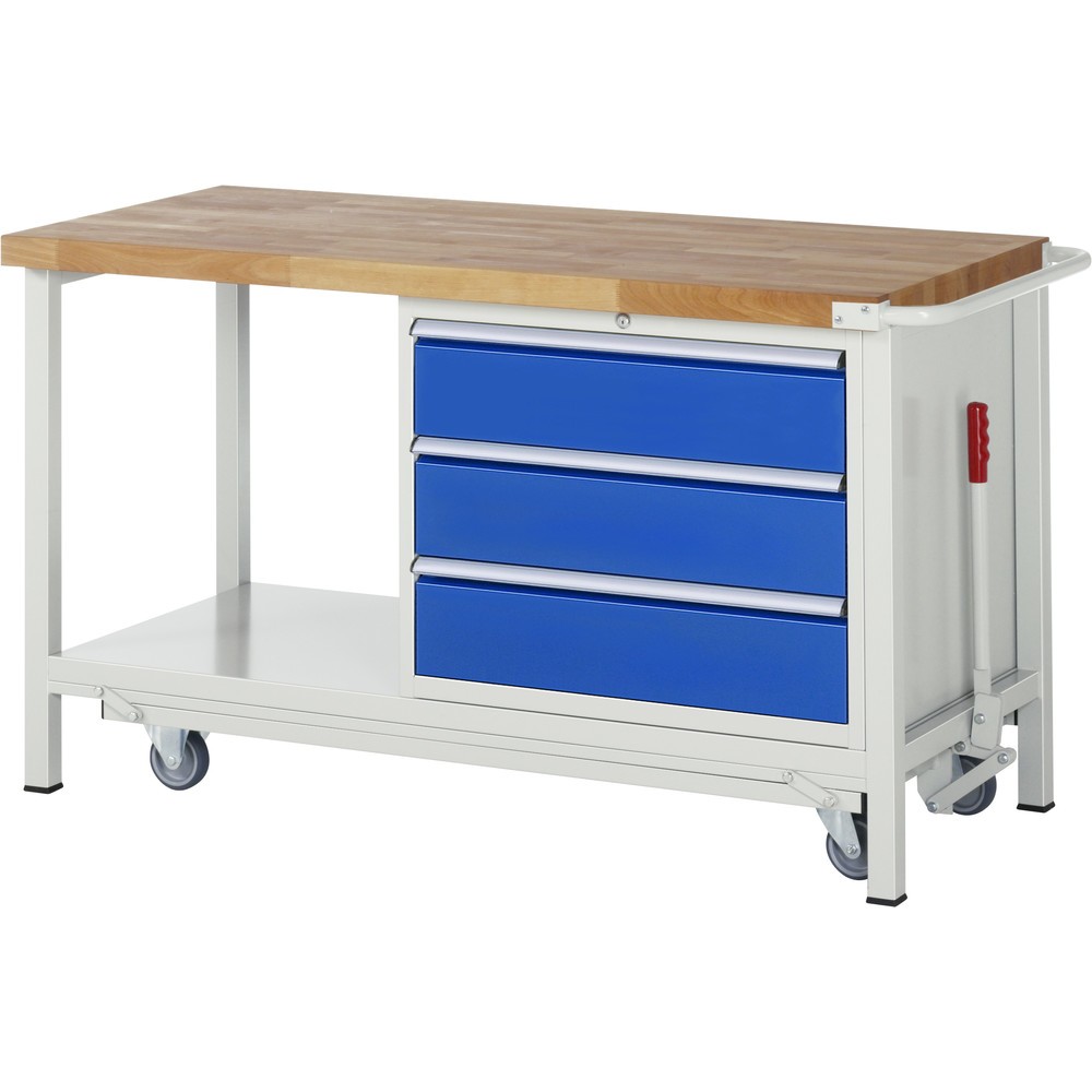 Produktabbildung Nr. 1: RAU Werkbank Serie 8000 mit absenkbarem Fahrgestell, 1 Container, 1 Ablageboden, HxBxT 880 x 1.500 x 700 mm, 3 x 90%-Auszug-Schubladen, Breite 680 mm, ErgoScript