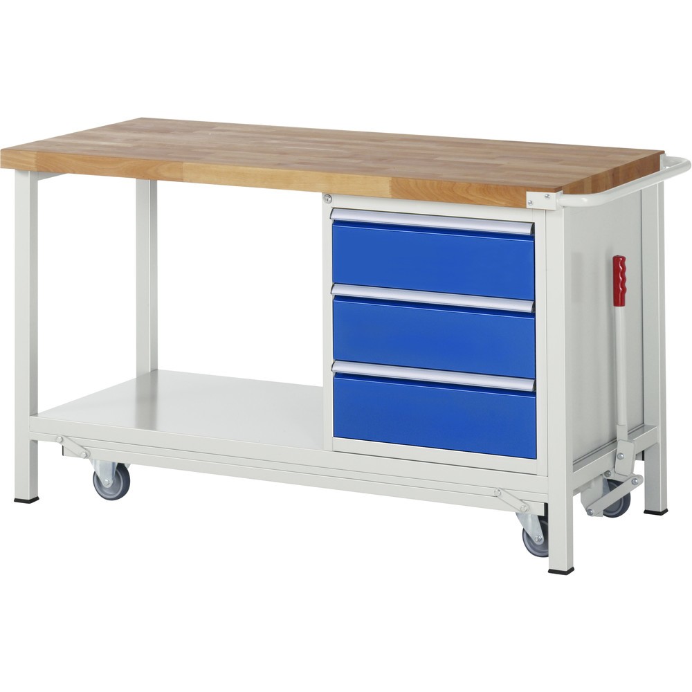 Produktabbildung Nr. 1: RAU Werkbank Serie 8000 mit absenkbarem Fahrgestell, 1 Container, 1 Ablageboden, HxBxT 880 x 1.500 x 700 mm, 3 x 90%-Auszug-Schubladen, Breite 490 mm, ErgoScript