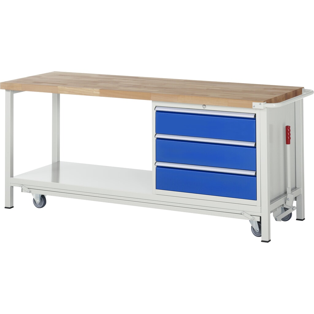 Produktabbildung: RAU Werkbank Serie 8000 mit absenkbarem Fahrgestell, 1 Container, 1 Ablageboden, HxBxT 880 x 2.000 x 700 mm, 3 x 90%-Auszug-Schubladen, Breite 680 mm, ErgoScript