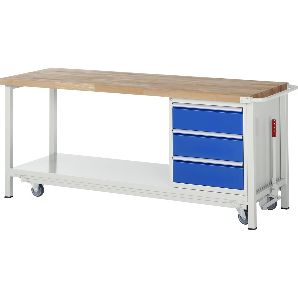 RAU Werkbank Serie 8000 mit absenkbarem Fahrgestell, 1 Container, 1 Ablageboden, HxBxT 880 x 2.000 x 700 mm, 3 x 90%-Auszug-Schubladen, Breite 490 mm, ErgoScript Produktabbildung: RAU Werkbank Serie 8000 mit absenkbarem Fahrgestell, 1 Container, 1 Ablageboden, HxBxT 880 x 2.000 x 700 mm, 3 x 90%-Auszug-Schubladen, Breite 490 mm, ErgoScript