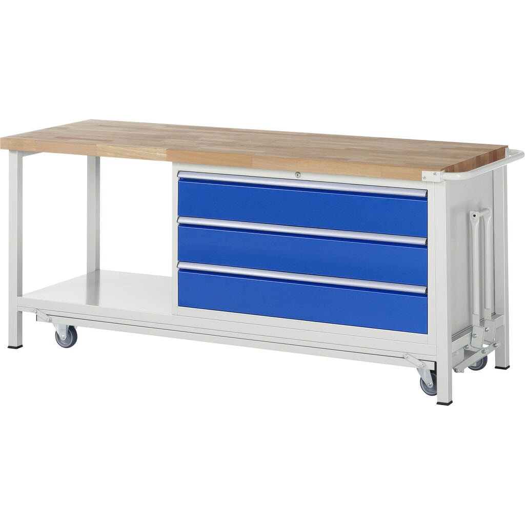 Produktabbildung: RAU Werkbank Serie 8000 mit absenkbarem Fahrgestell, 1 Container, 1 Ablageboden, HxBxT 880 x 2.000 x 700 mm, 3 x 100%-Auszug-Schubladen, Breite 1.055 mm, ErgoScript