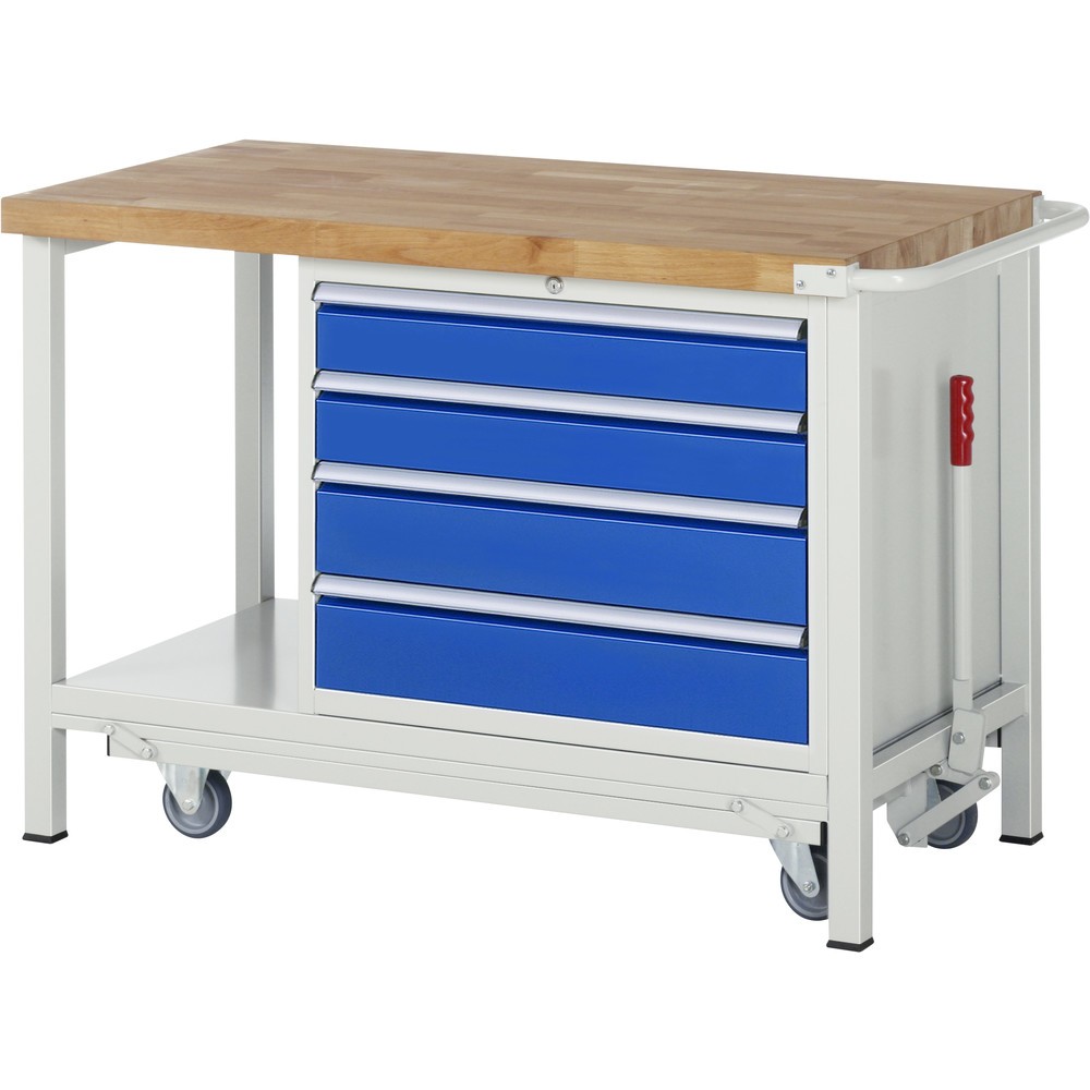 Produktabbildung: RAU Werkbank Serie 8000 mit absenkbarem Fahrgestell, 1 Container, 1 Ablageboden, HxBxT 880 x 1.250 x 700 mm, 4 x 90%-Auszug-Schubladen, Breite 680 mm