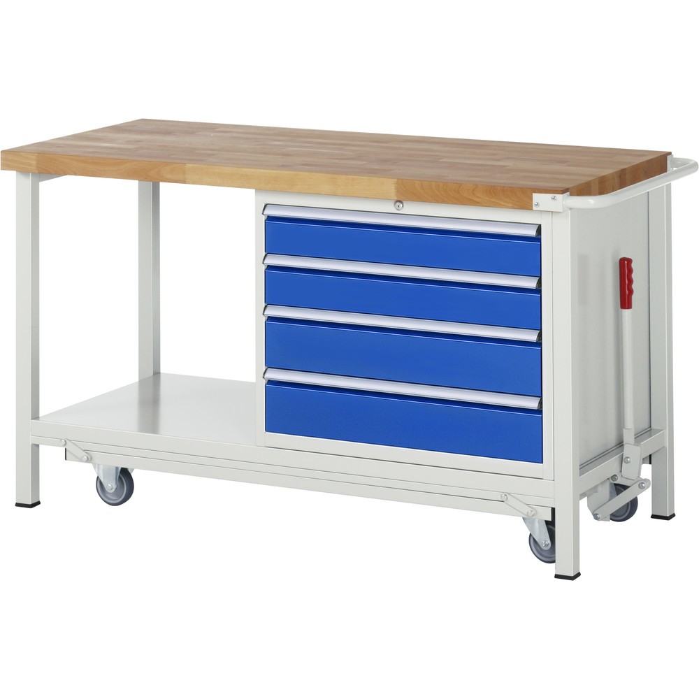 Produktabbildung Nr. 1: RAU Werkbank Serie 8000 mit absenkbarem Fahrgestell, 1 Container, 1 Ablageboden, HxBxT 880 x 1.500 x 700 mm, 4 x 90%-Auszug-Schubladen, Breite 680 mm