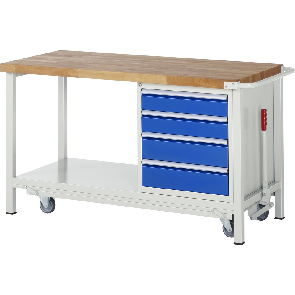 Produktabbildung Nr. 1: RAU Werkbank Serie 8000 mit absenkbarem Fahrgestell, 1 Container, 1 Ablageboden, HxBxT 880 x 1.500 x 700 mm, 4 x 90%-Auszug-Schubladen, Breite 490 mm
