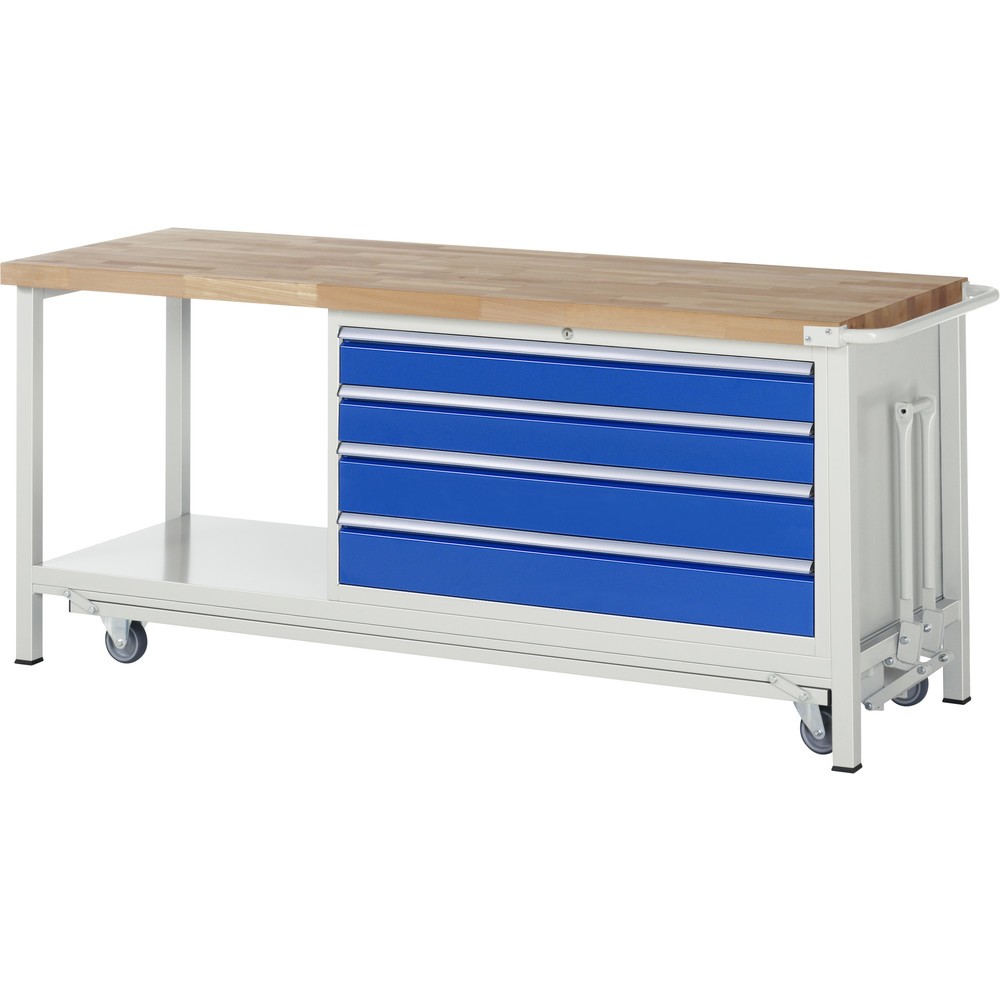 Produktabbildung: RAU Werkbank Serie 8000 mit absenkbarem Fahrgestell, 1 Container, 1 Ablageboden, HxBxT 880 x 2.000 x 700 mm, 4 x 100%-Auszug-Schubladen, Breite 1.055 mm