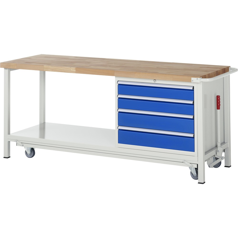 Produktabbildung Nr. 1: RAU Werkbank Serie 8000 mit absenkbarem Fahrgestell, 1 Container, 1 Ablageboden, HxBxT 880 x 2.000 x 700 mm, 4 x 90%-Auszug-Schubladen, Breite 680 mm