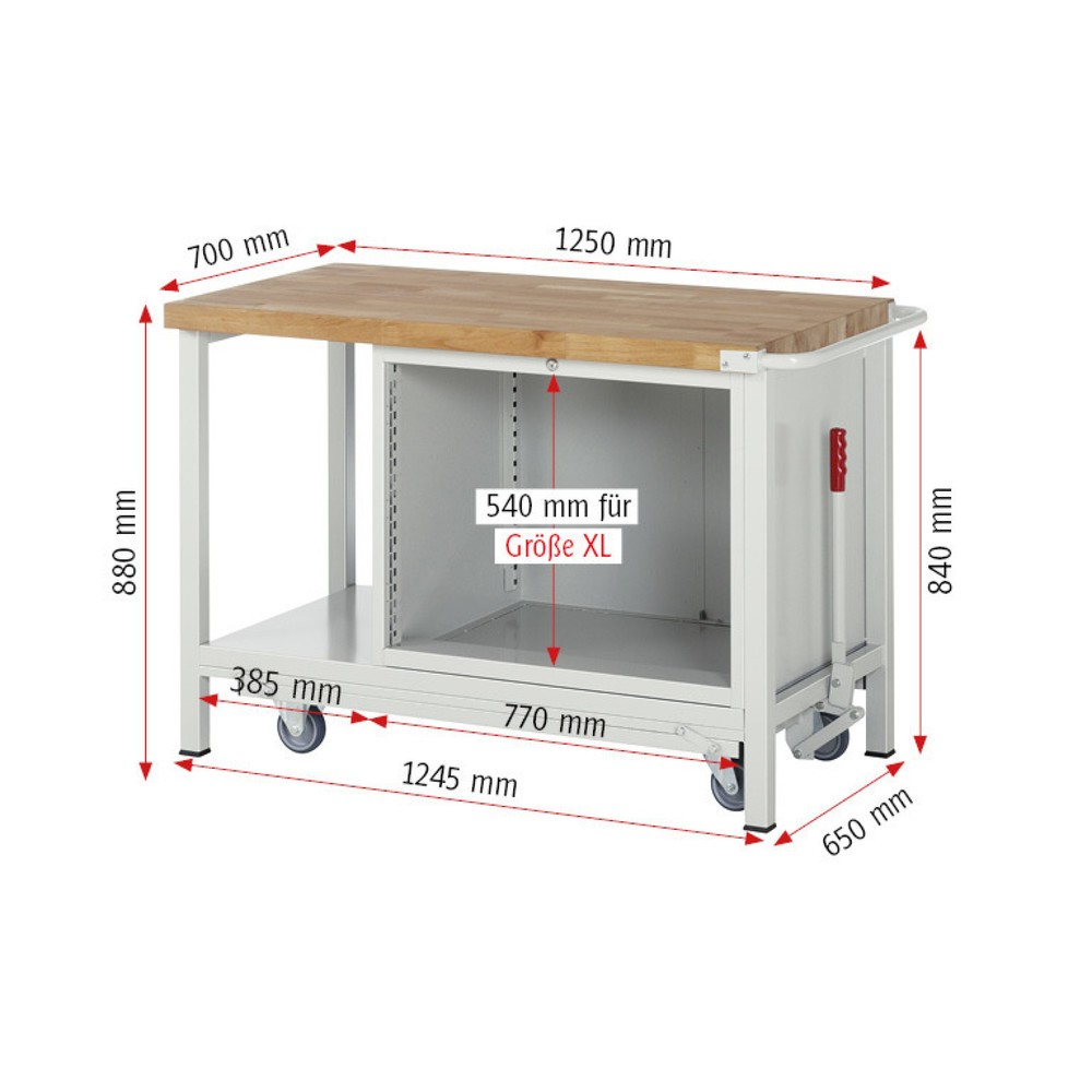 Produktabbildung Nr. 6: RAU Werkbank Serie 8000 mit absenkbarem Fahrgestell, 1 Container, 1 Ablageboden, HxBxT 880 x 1.250 x 700 mm, 2 x 90%-Auszug-Schubladen