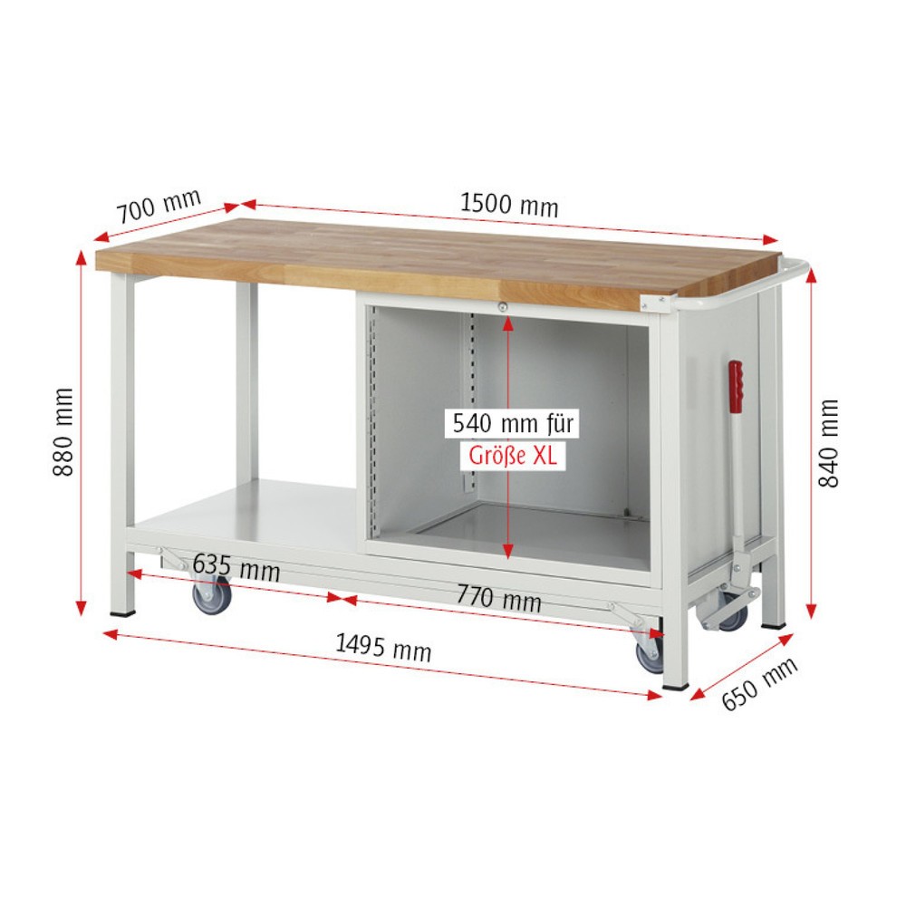 Produktabbildung Nr. 6: RAU Werkbank Serie 8000 mit absenkbarem Fahrgestell, 1 Container, 1 Ablageboden, HxBxT 880 x 1.500 x 700 mm, 2 x 90%-Auszug-Schubladen