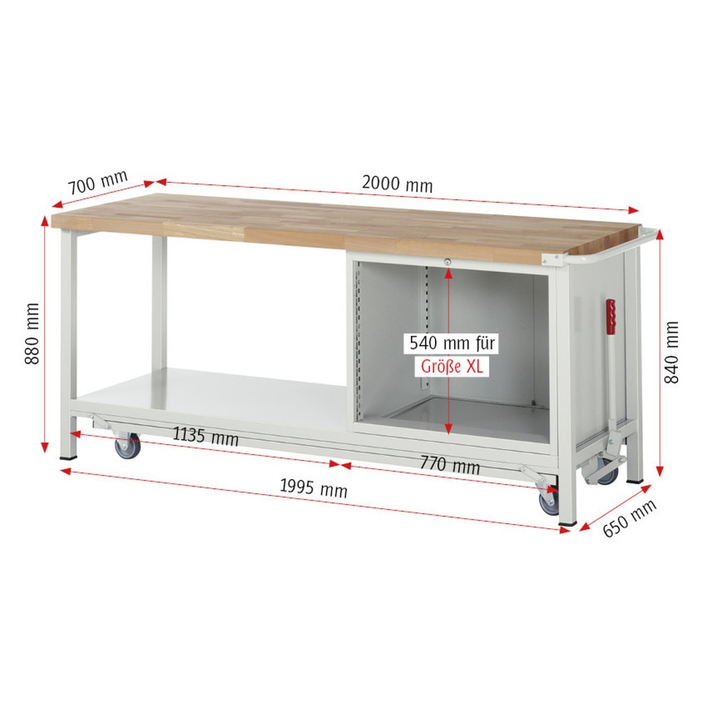 Produktabbildung Nr. 6: RAU Werkbank Serie 8000 mit absenkbarem Fahrgestell, 1 Container, 1 Ablageboden, HxBxT 880 x 2.000 x 700 mm, 3 x 100%-Auszug-Schubladen, Breite 680 mm, ErgoScript
