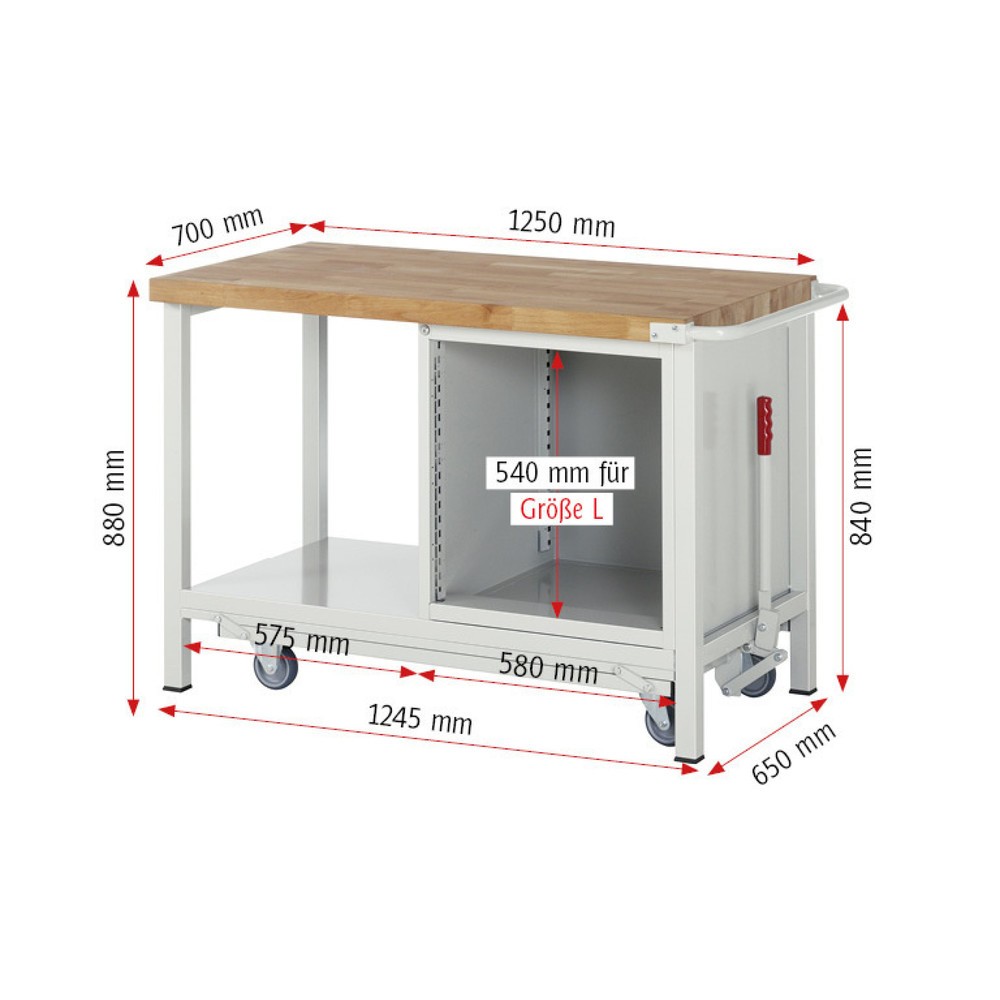 Produktabbildung Nr. 7: RAU Werkbank Serie 8000 mit absenkbarem Fahrgestell, 1 Container, 1 Ablageboden, HxBxT 880 x 1.250 x 700 mm, 4 x 100%-Auszug-Schubladen, Breite 490 mm