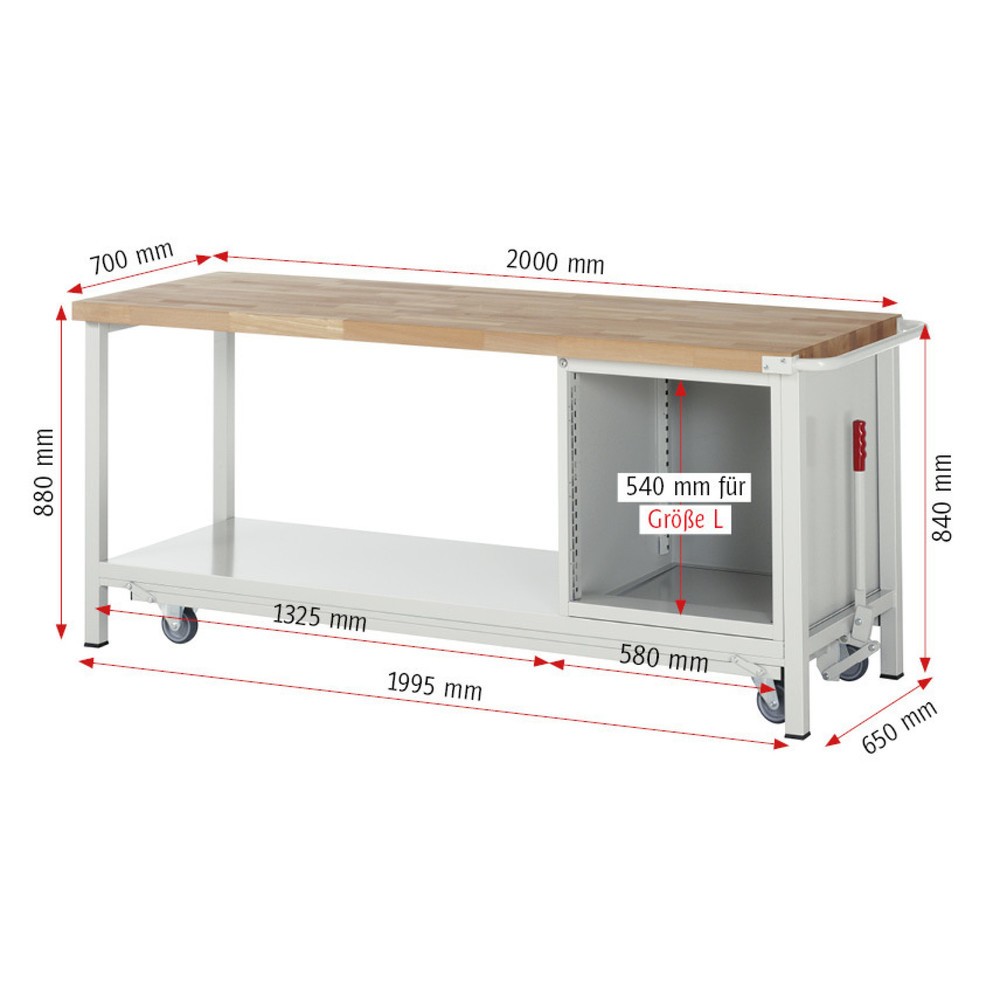 Produktabbildung Nr. 6: RAU Werkbank Serie 8000 mit absenkbarem Fahrgestell, 1 Container, 1 Ablageboden, HxBxT 880 x 2.000 x 700 mm, 4 x 100%-Auszug-Schubladen, Breite 490 mm