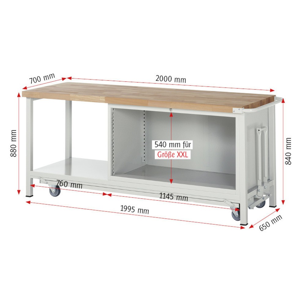 Produktabbildung Nr. 6: RAU Werkbank Serie 8000 mit absenkbarem Fahrgestell, 1 Container, 1 Ablageboden, HxBxT 880 x 2.000 x 700 mm, 3 x 100%-Auszug-Schubladen, Breite 1.055 mm, ErgoScript