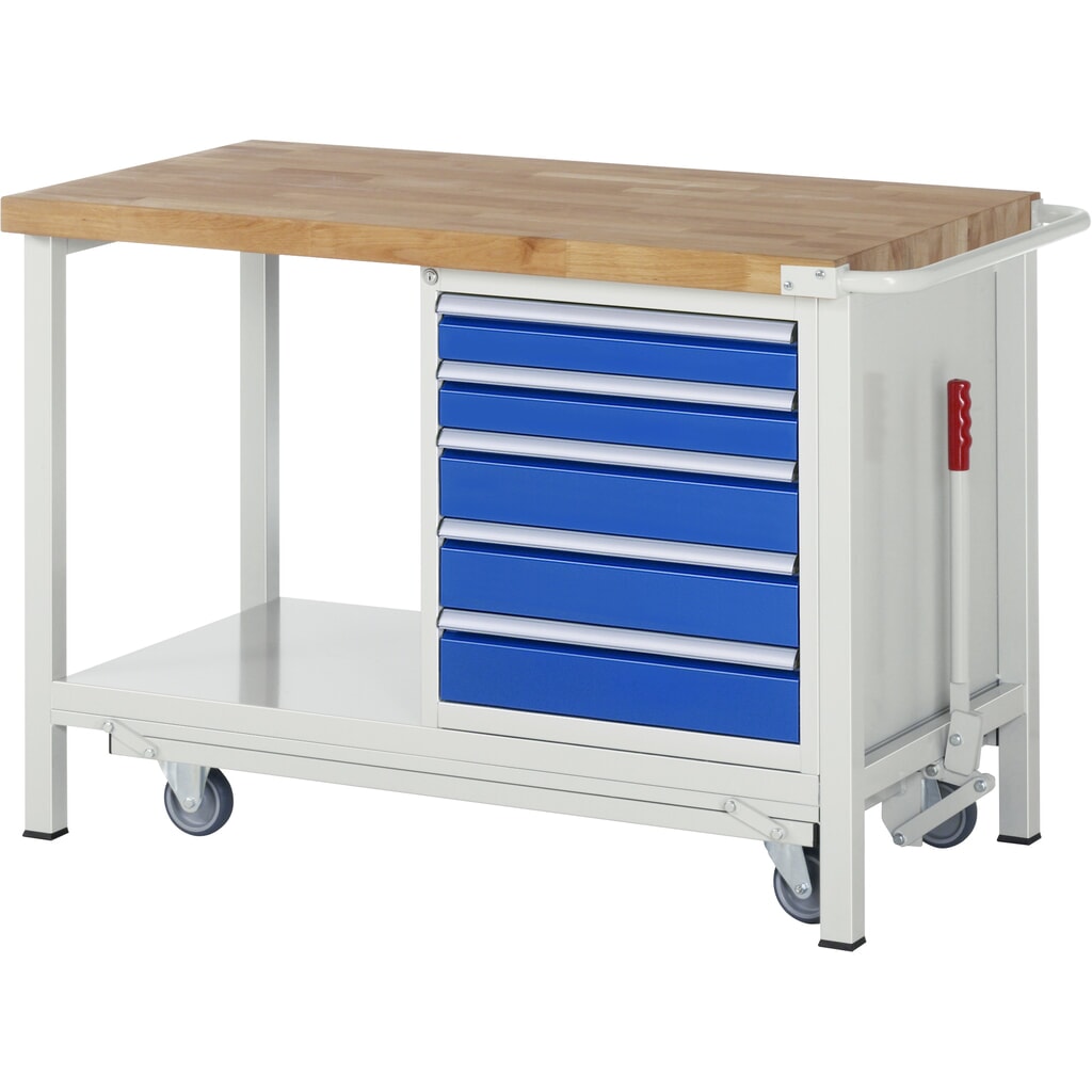 RAU Werkbank Serie 8000 mit absenkbarem Fahrgestell, 1 Container, 1 Ablageboden, HxBxT 880 x 1.250 x 700 mm, 5 x 90%-Auszug-Schubladen, Breite 490 mm Produktabbildung: RAU Werkbank Serie 8000 mit absenkbarem Fahrgestell, 1 Container, 1 Ablageboden, HxBxT 880 x 1.250 x 700 mm, 5 x 90%-Auszug-Schubladen, Breite 490 mm