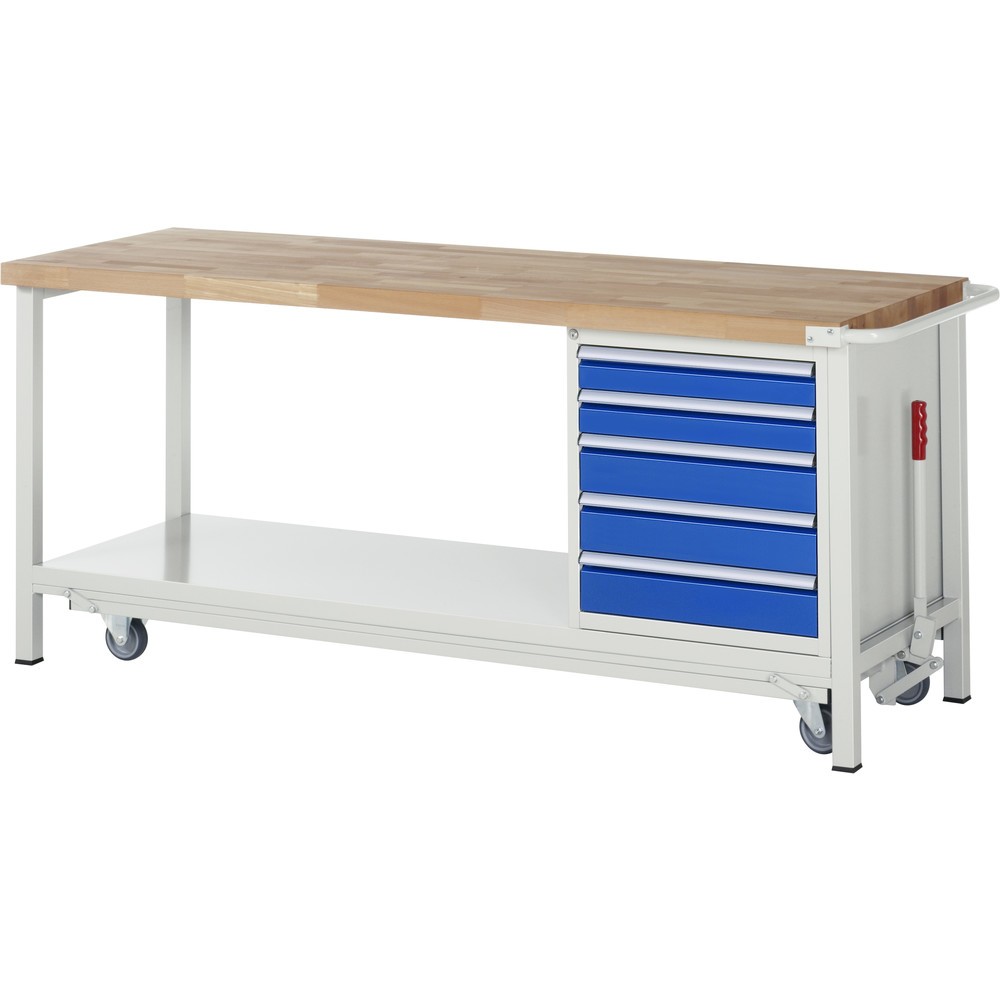 Produktabbildung: RAU Werkbank Serie 8000 mit absenkbarem Fahrgestell, 1 Container, 1 Ablageboden, HxBxT 880 x 2.000 x 700 mm, 5 x 90%-Auszug-Schubladen, Breite 490 mm