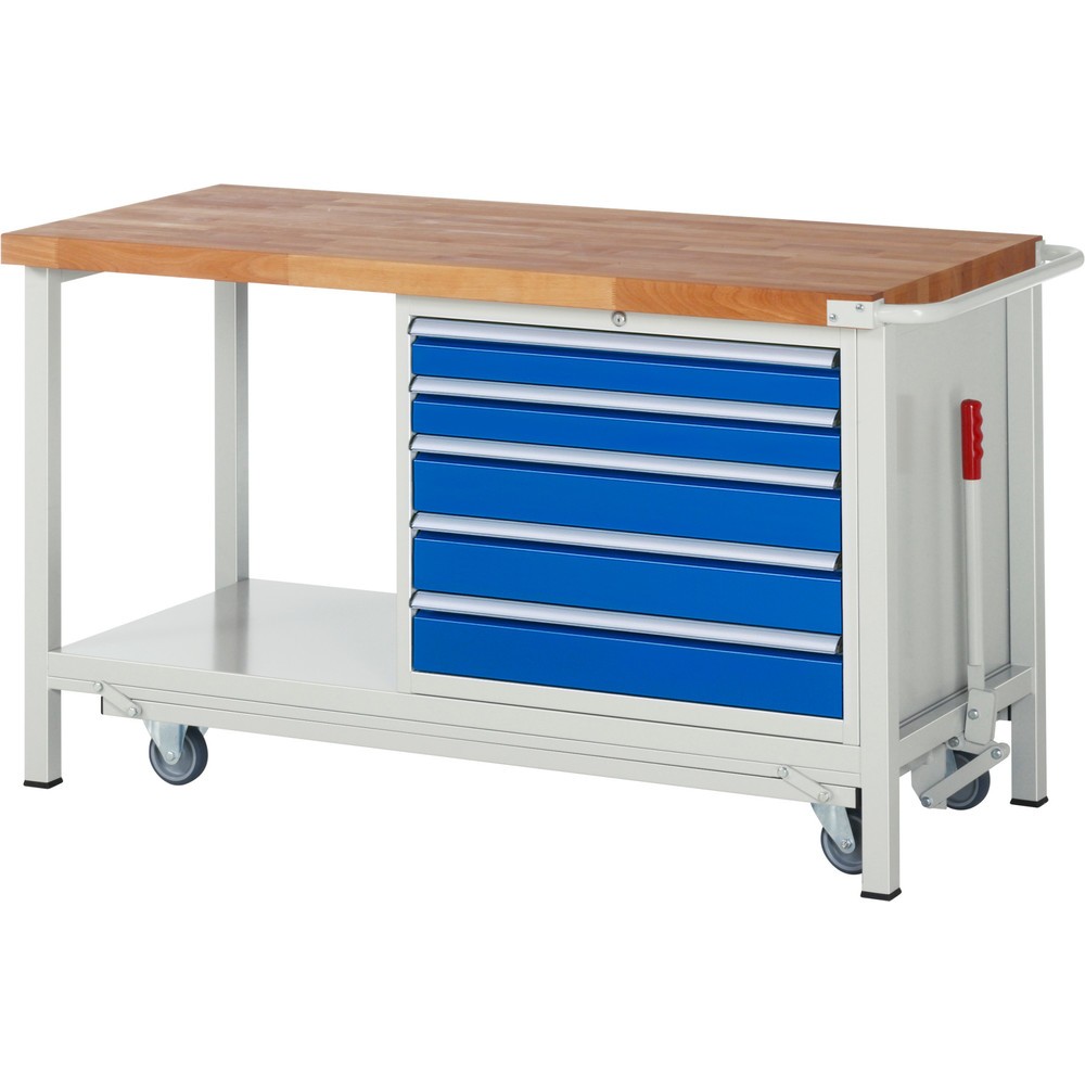 Produktabbildung Nr. 1: RAU Werkbank Serie 8000 mit absenkbarem Fahrgestell, 1 Container, 1 Ablageboden, HxBxT 880 x 1.500 x 700 mm, 5 x 90%-Auszug-Schubladen, Breite 680 mm