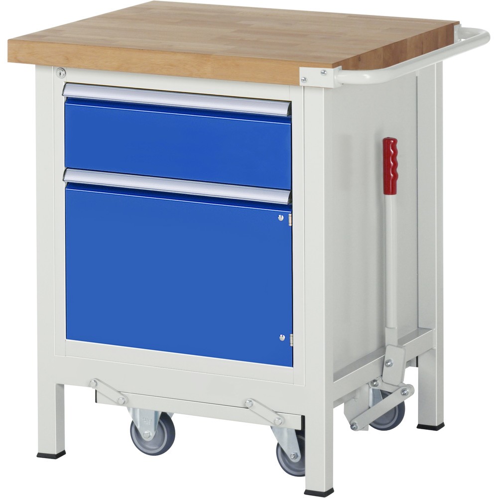 Produktabbildung Nr. 1: RAU Werkbank Serie 8000 mit absenkbarem Fahrgestell, 1 Container, HxBxT 880 x 750 x 700 mm, 1 x 90%-Auszug-Schubladen, 1 Flügeltür, ErgoScript