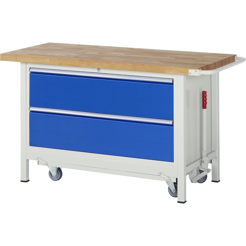Produktabbildung Nr. 1: RAU Werkbank Serie 8000 mit absenkbarem Fahrgestell, 1 Container, HxBxT 880 x 1.500 x 700 mm, 2 x 100%-Auszug-Schubladen, Breite 1.055 mm