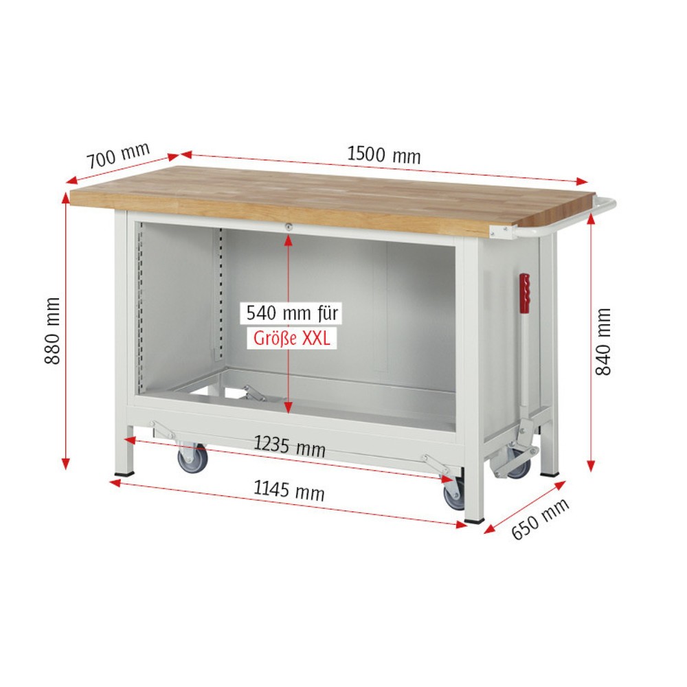 Produktabbildung Nr. 6: RAU Werkbank Serie 8000 mit absenkbarem Fahrgestell, 1 Container, HxBxT 880 x 1.500 x 700 mm, 2 x 100%-Auszug-Schubladen, Breite 1.055 mm