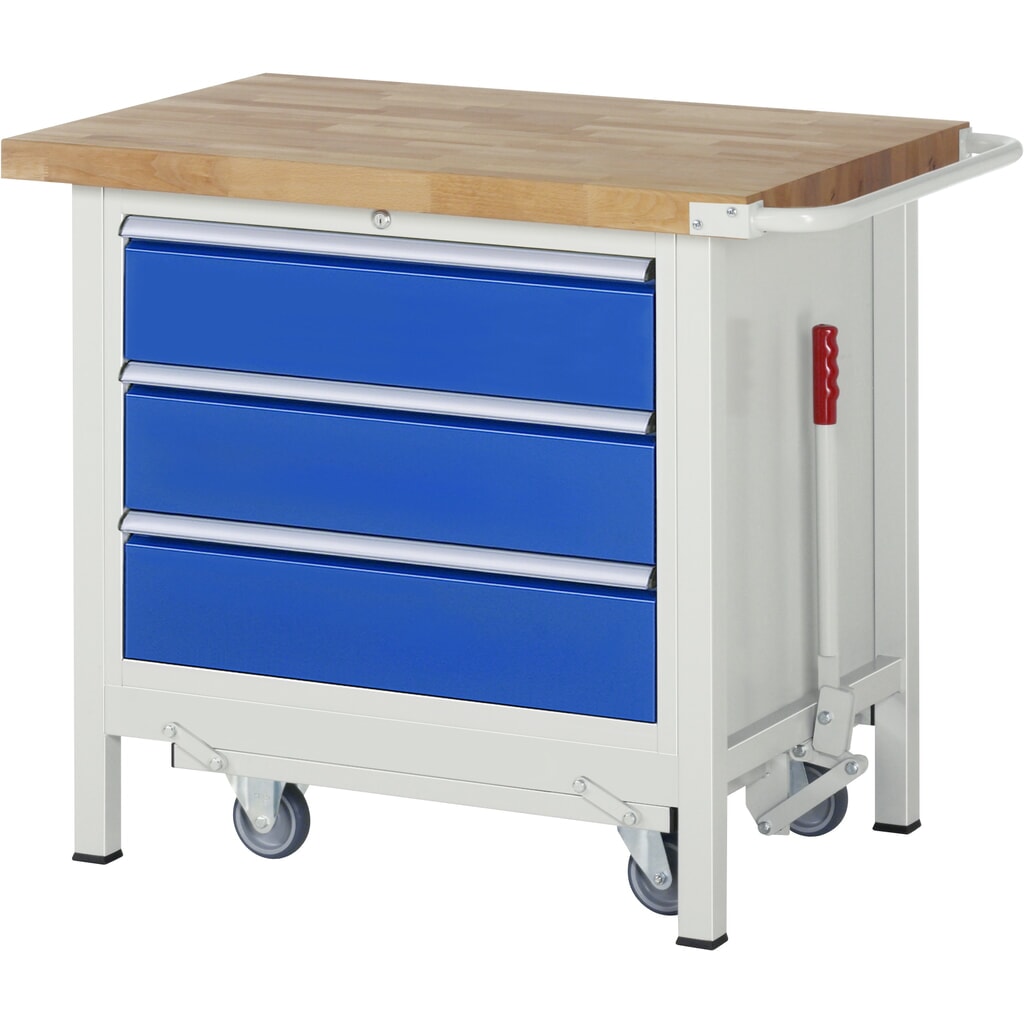 RAU Werkbank Serie 8000 mit absenkbarem Fahrgestell, 1 Container, HxBxT 880 x 1.000 x 700 mm, 3 x 90%-Auszug-Schubladen, Breite 680 mm, ErgoScript Produktabbildung: RAU Werkbank Serie 8000 mit absenkbarem Fahrgestell, 1 Container, HxBxT 880 x 1.000 x 700 mm, 3 x 90%-Auszug-Schubladen, Breite 680 mm, ErgoScript