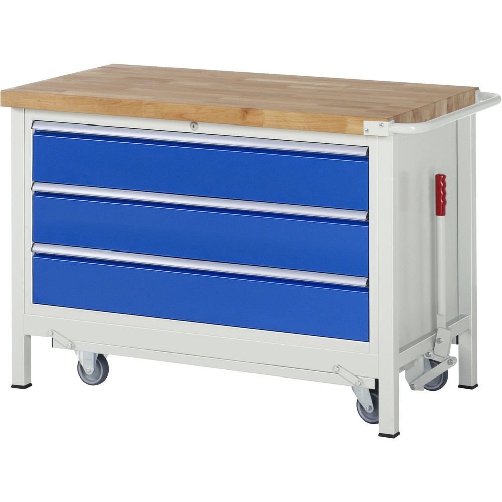 Produktabbildung Nr. 1: RAU Werkbank Serie 8000 mit absenkbarem Fahrgestell, 1 Container, HxBxT 880 x 1.250 x 700 mm, 3 x 100%-Auszug-Schubladen, Breite 1.055 mm, ErgoScript