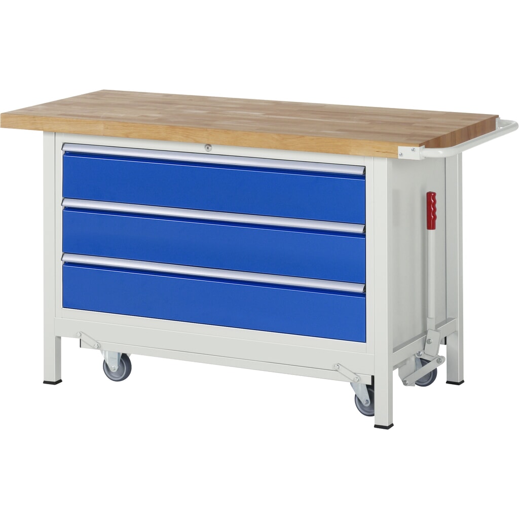 Produktabbildung: RAU Werkbank Serie 8000 mit absenkbarem Fahrgestell, 1 Container, HxBxT 880 x 1.500 x 700 mm, 3 x 90%-Auszug-Schubladen, Breite 1.055 mm, ErgoScript