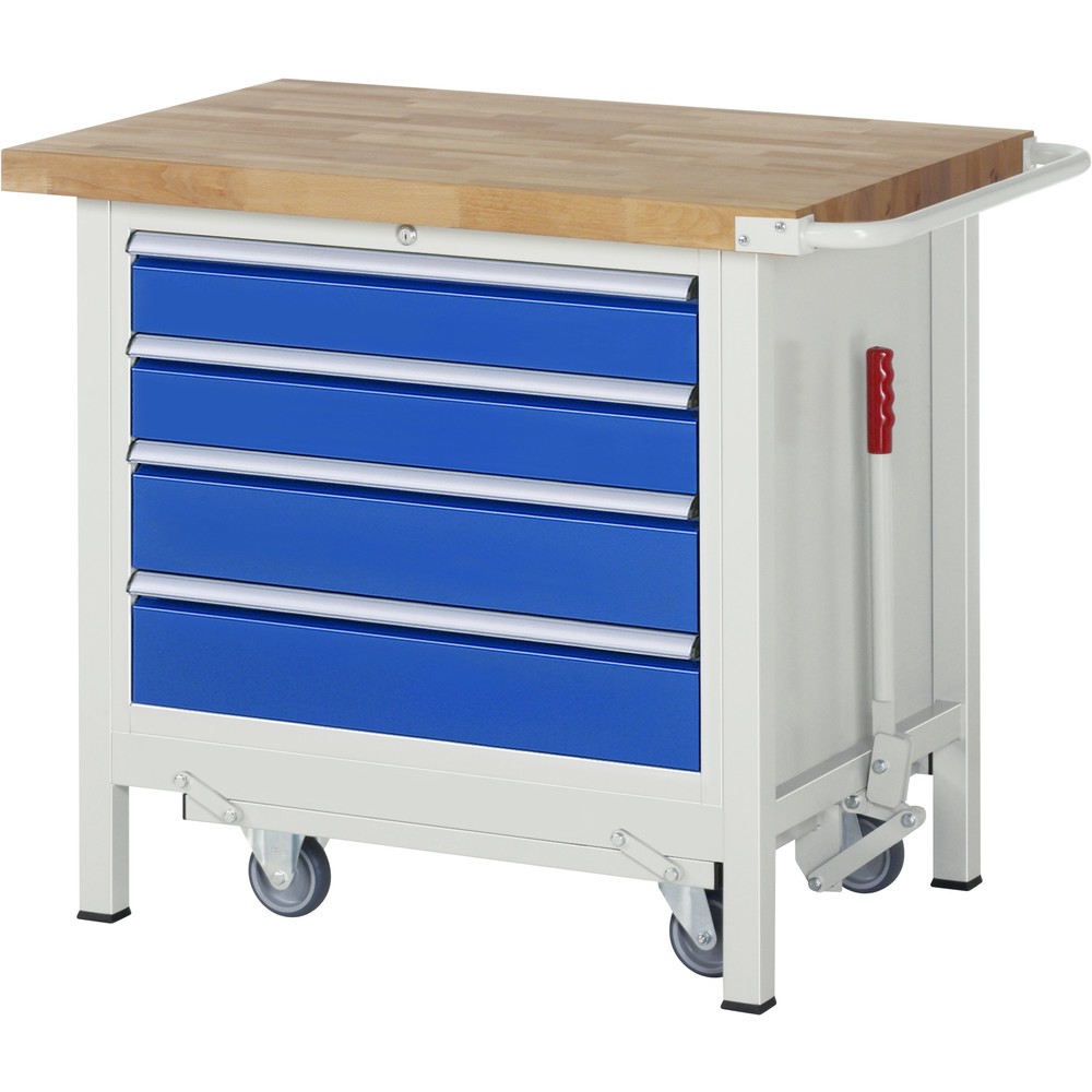 Produktabbildung: RAU Werkbank Serie 8000 mit absenkbarem Fahrgestell, 1 Container, HxBxT 880 x 1.000 x 700 mm, 4 x 90%-Auszug-Schubladen, Breite 680 mm