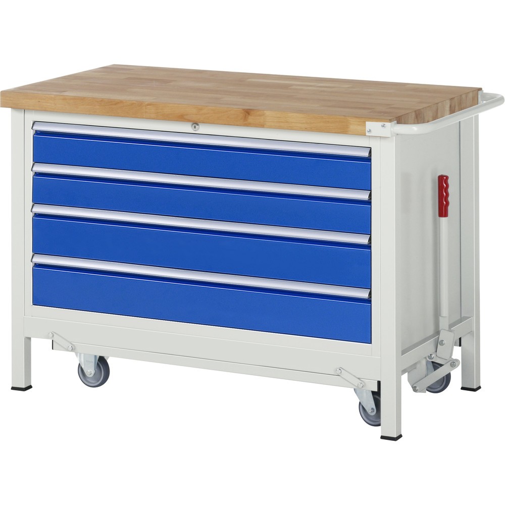 Produktabbildung: RAU Werkbank Serie 8000 mit absenkbarem Fahrgestell, 1 Container, HxBxT 880 x 1.250 x 700 mm, 4 x 100%-Auszug-Schubladen, Breite 1.055 mm
