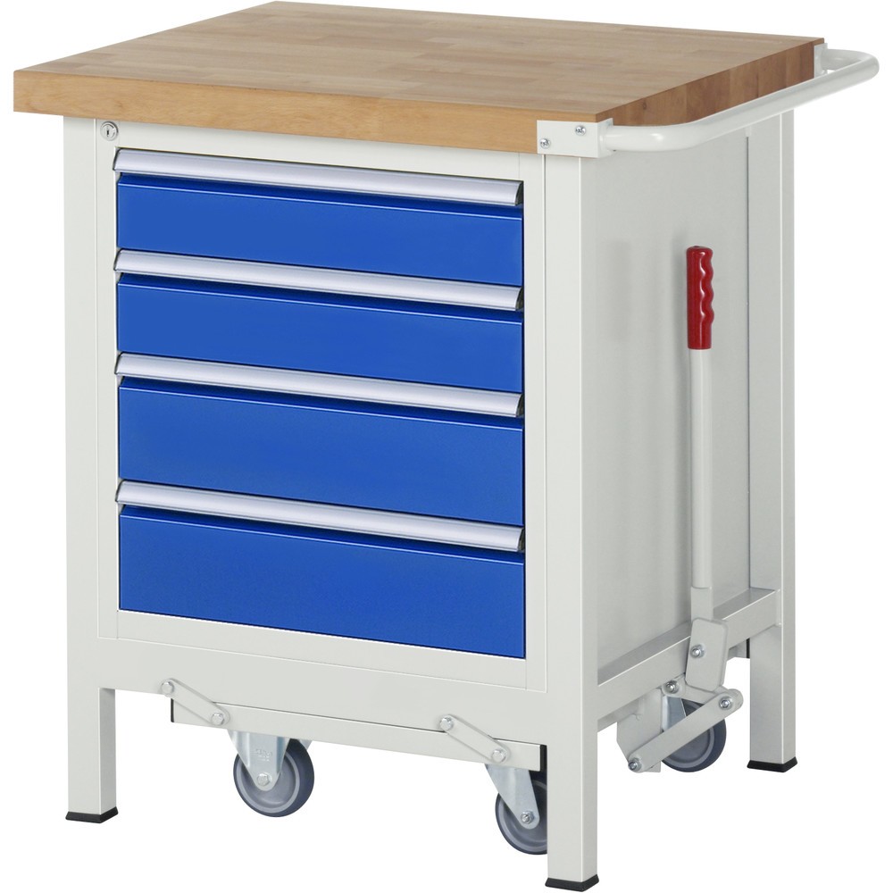 Produktabbildung: RAU Werkbank Serie 8000 mit absenkbarem Fahrgestell, 1 Container, HxBxT 880 x 750 x 700 mm, 4 x 90%-Auszug-Schubladen, Breite 490 mm