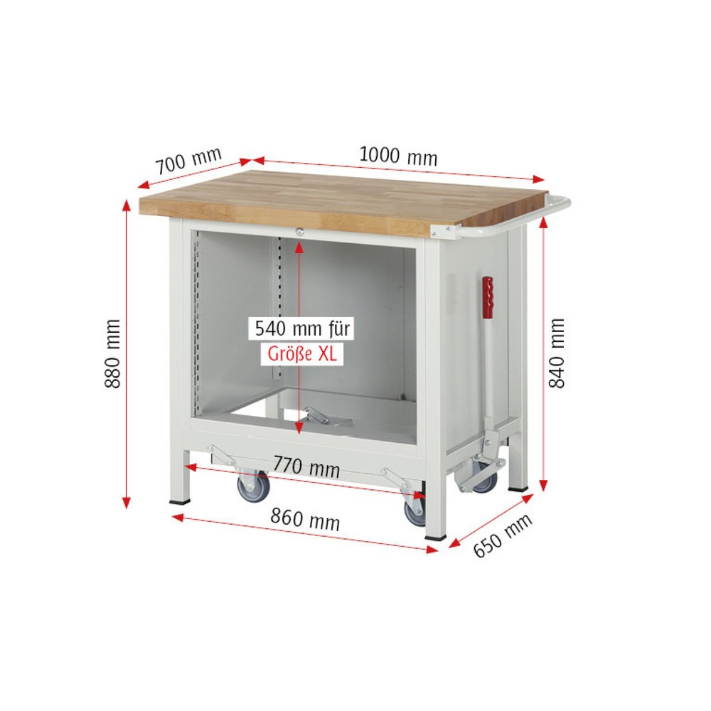 Produktabbildung Nr. 7: RAU Werkbank Serie 8000 mit absenkbarem Fahrgestell, 1 Container, HxBxT 880 x 1.000 x 700 mm, 2 x 90%-Auszug-Schubladen, Breite 680 mm