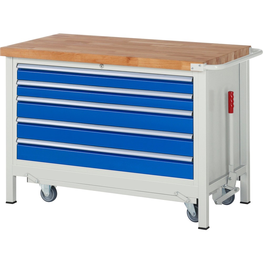 Produktabbildung Nr. 1: RAU Werkbank Serie 8000 mit absenkbarem Fahrgestell, 1 Container, HxBxT 880 x 1.250 x 700 mm, 5 x 100%-Auszug-Schubladen, Breite 1.055 mm