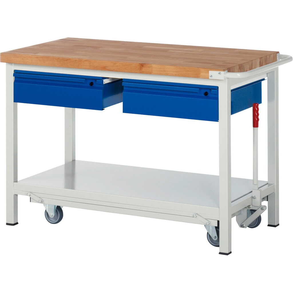 RAU Werkbank Serie 8000 mit absenkbarem Fahrgestell, 2 Schubladen, 1 Ablageboden, HxBxT 880 x 1.250 x 700 mm, 2 Schubladen Produktabbildung: RAU Werkbank Serie 8000 mit absenkbarem Fahrgestell, 2 Schubladen, 1 Ablageboden, HxBxT 880 x 1.250 x 700 mm, 2 Schubladen