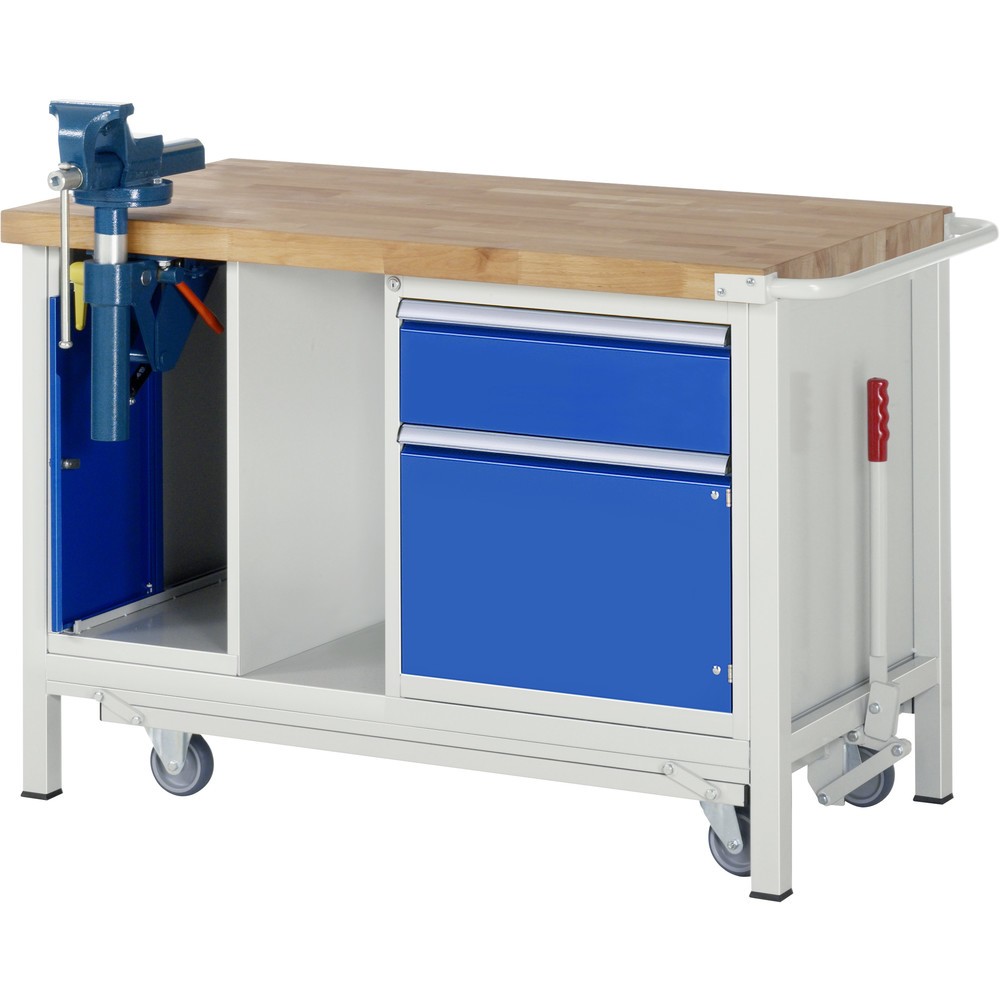 Produktabbildung: RAU Werkbank Serie 8000 mit absenkbarem Fahrgestell, 2 Container, 1 Ablageboden, HxBxT 880 x 1.500 x 700 mm, 1 x 90%-Auszug-Schubladen, 1 Flügeltür, Schraubstock, ErgoScript