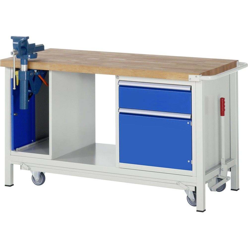 Produktabbildung Nr. 1: RAU Werkbank Serie 8000 mit absenkbarem Fahrgestell, 2 Container, 1 Ablageboden, HxBxT 880 x 1.500 x 700 mm, 1 x 90%-Auszug-Schubladen, 1 Flügeltür, Schraubstock, ErgoScript
