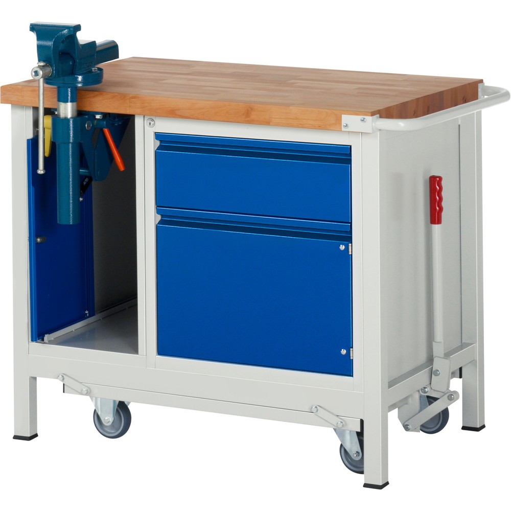 Produktabbildung: RAU Werkbank Serie 8000 mit absenkbarem Fahrgestell, 2 Container, 1 Ablageboden, HxBxT 880 x 1.000 x 700 mm, 1 x 90%-Auszug-Schubladen, 1 Flügeltür, Schraubstock, Griffleiste