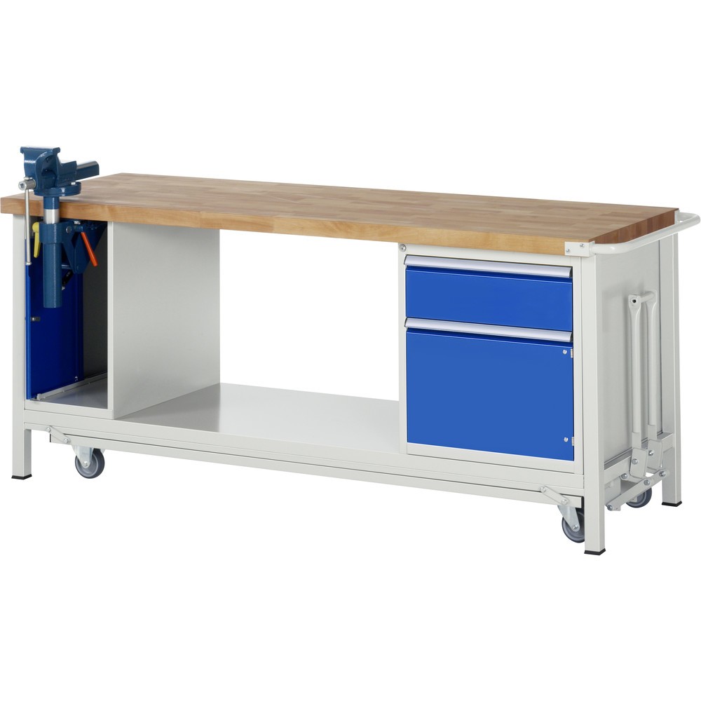 Produktabbildung Nr. 1: RAU Werkbank Serie 8000 mit absenkbarem Fahrgestell, 2 Container, 1 Ablageboden, HxBxT 880 x 2.000 x 700 mm, 1 x 90%-Auszug-Schubladen, 1 Flügeltür, Schraubstock, ErgoScript