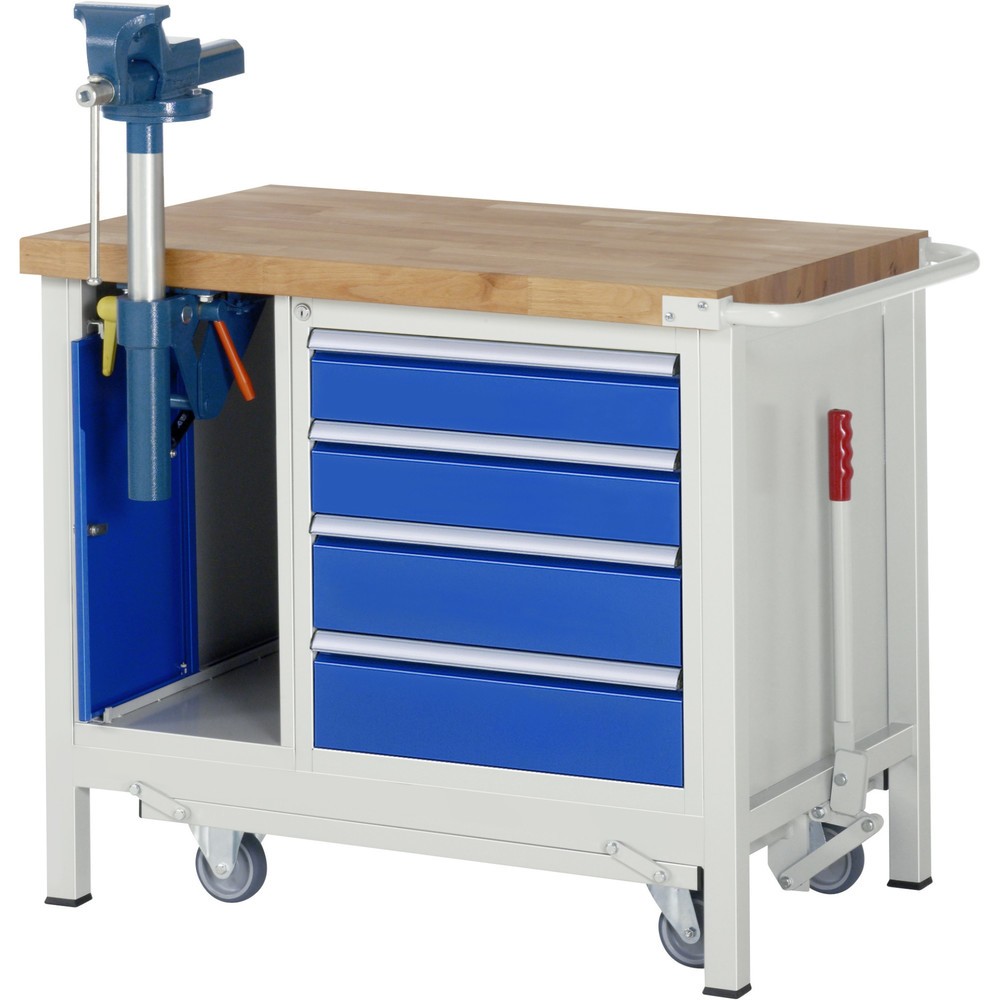 Produktabbildung Nr. 6: RAU Werkbank Serie 8000 mit absenkbarem Fahrgestell, 2 Container, 1 Ablageboden, HxBxT 880 x 1.250 x 700 mm, 3 x 100%-Auszug-Schubladen, ErgoScript®