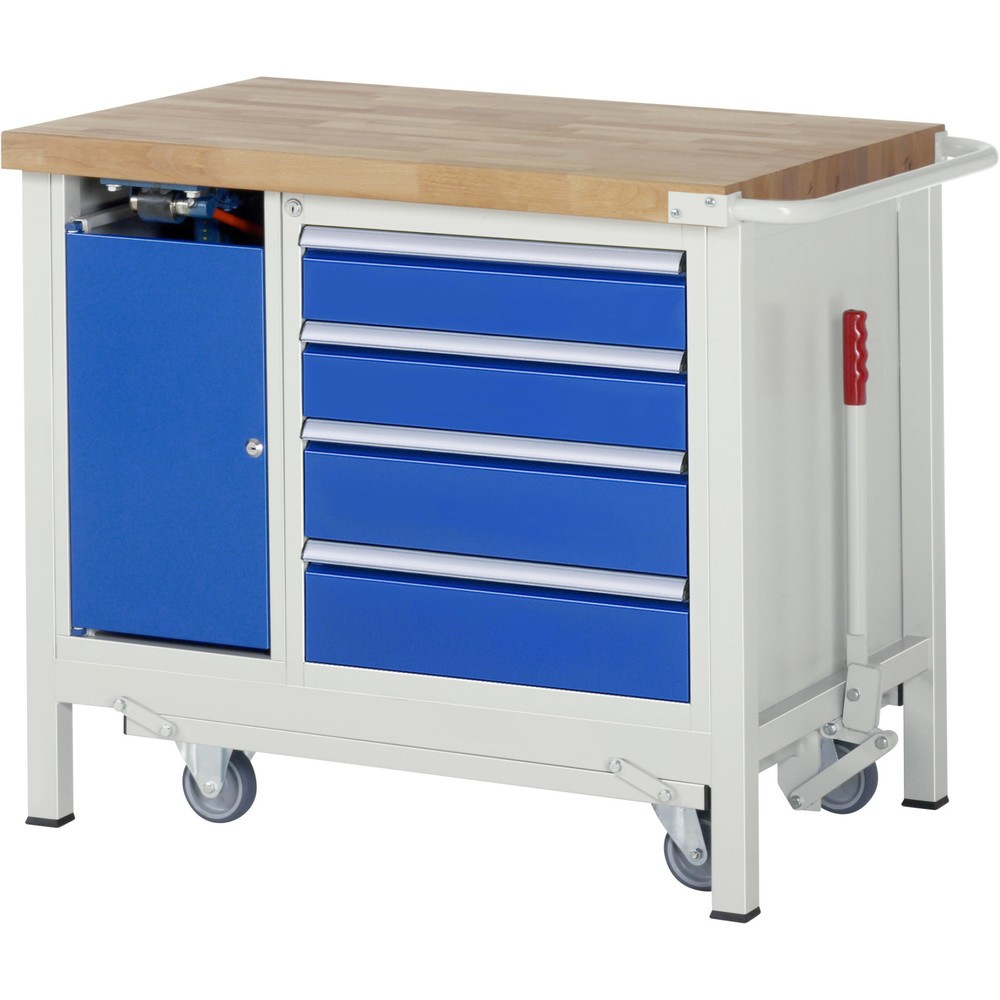 Produktabbildung Nr. 8: RAU Werkbank Serie 8000 mit absenkbarem Fahrgestell, 2 Container, 1 Ablageboden, HxBxT 880 x 1.250 x 700 mm, 3 x 100%-Auszug-Schubladen, ErgoScript®